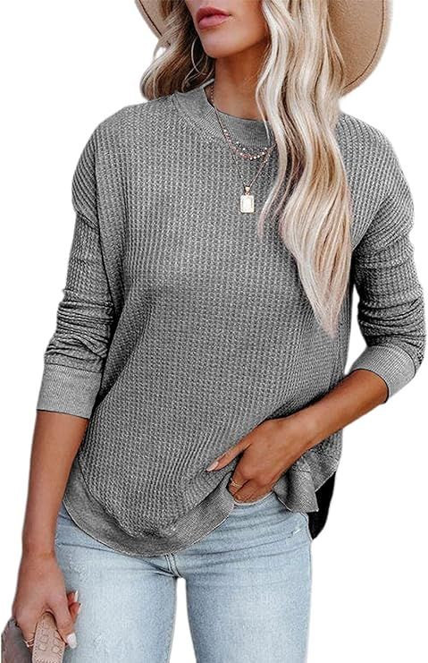 Dokotoo Womens Waffle Knit Sweatshirts Fashion Casual Crewneck Long Sleeve Shirts Lightweight Swe... | Amazon (US)