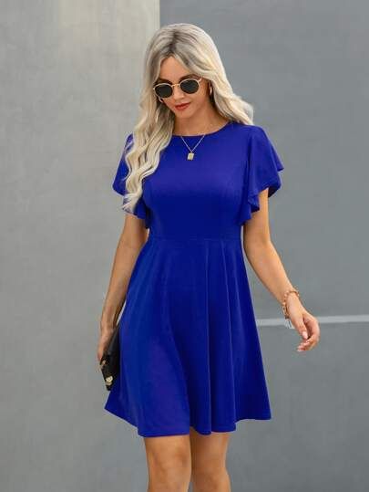 Solid Butterfly Sleeve Swing Dress | SHEIN