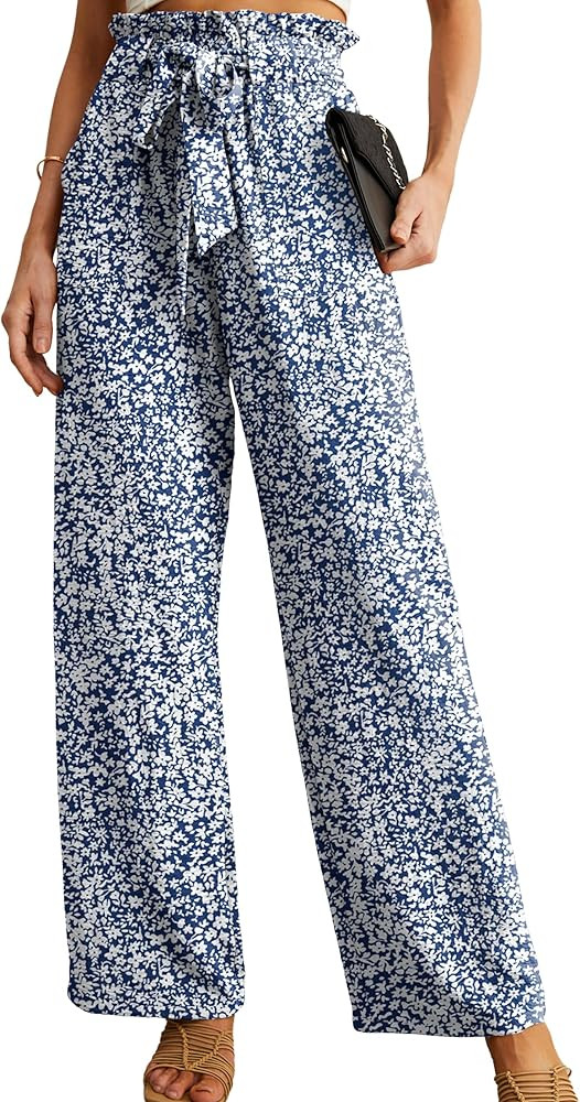 IWOLLENCE Women's Wide Leg Pants with Pockets High Waist Adjustable Knot Loose Casual Trousers Bu... | Amazon (US)