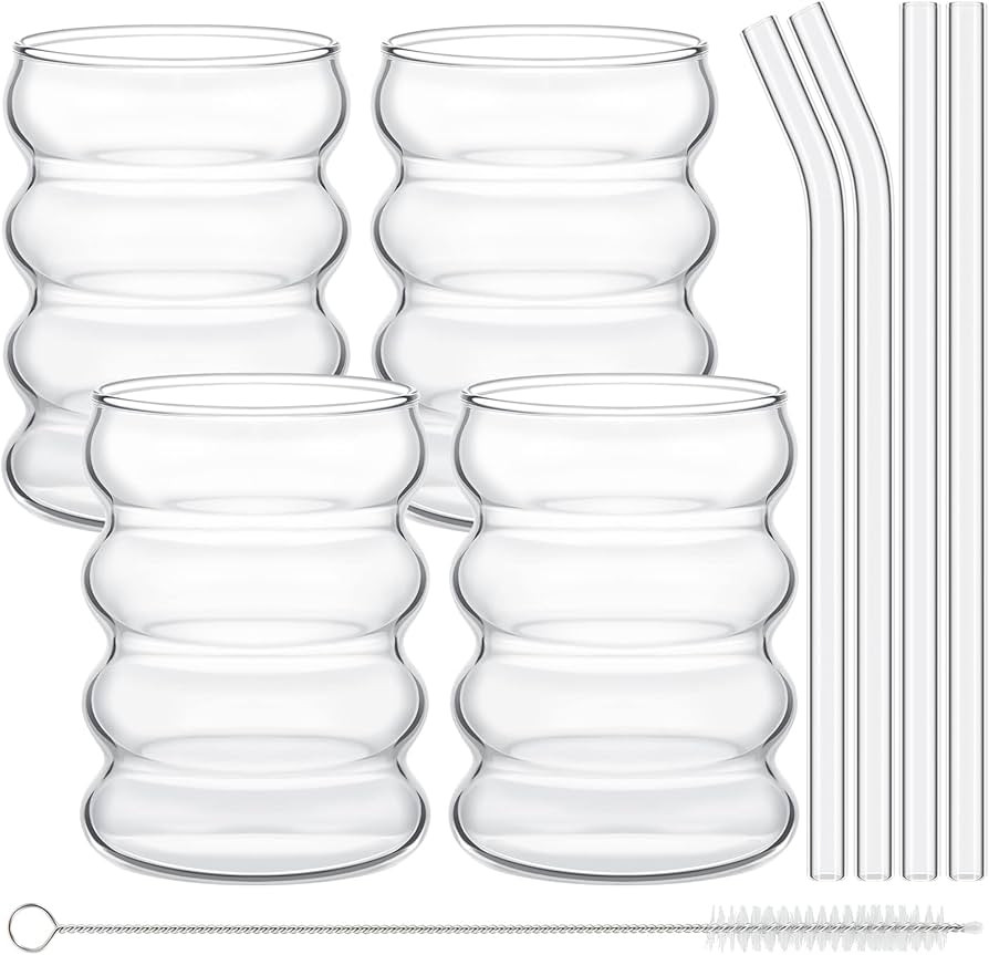 4 Pcs Creative Glass Cups Cute Ripple Shaped Vintage Drinking Glasses Ribbed Glassware Aesthetic ... | Amazon (US)