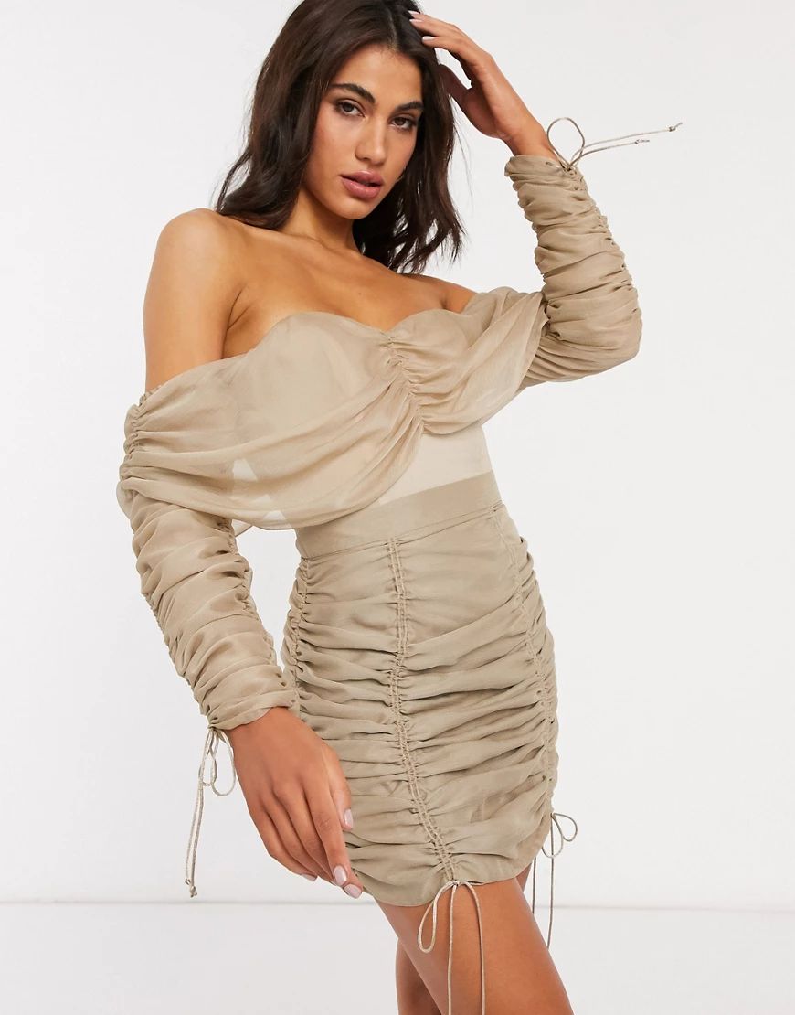 ASOS DESIGN off shoulder top two-piece with ruching in stone-Neutral | ASOS (Global)