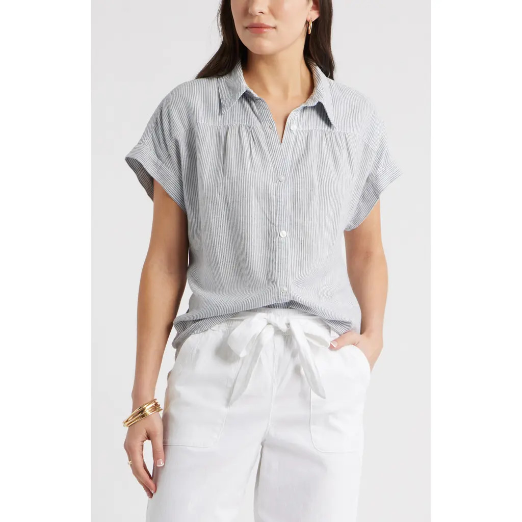 Caslon® Short Sleeve Linen Blend Button-Up Shirt in Blue Vintage Leah Stripe at Nordstrom Rack, Size Medium | Nordstrom Rack