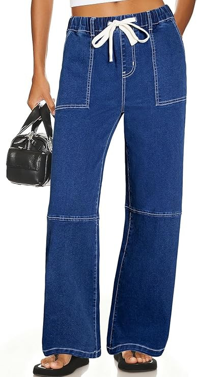 Sidefeel Women's Wide Leg Jeans High Waisted Elastic Stretchy Straight Leg Trendy Drawstring Bagg... | Amazon (US)