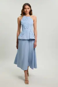 Cotton Linen 3D Floral Midi Dress | Karen Millen