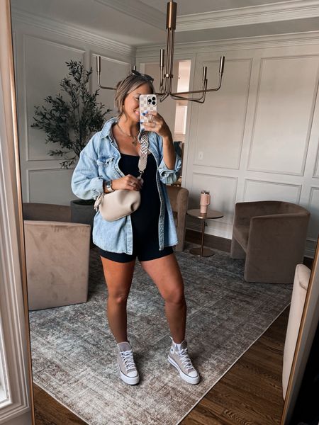 Target oversized denim shirt on sale! This is the perfect casual summer outfit with an Amazon comfy jumpsuit/romper and sneakers. Bump-friendly and so soft! 

All fit true to size 

#LTKsalealert #LTKstyletip #LTKbump