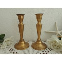 Vintage Gold Brass Taper Candle Holder Set Matching Candlestick Pair Mid Century Hollywood Regency Retro Boho Bungalow Home Decor Wedding | Etsy (US)
