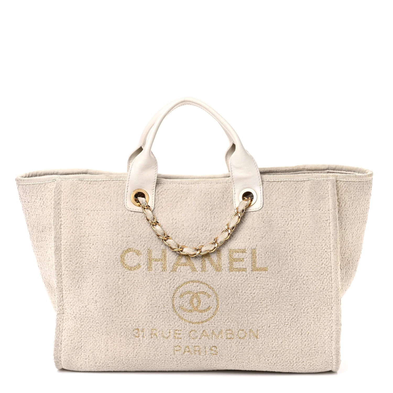 Chanel Lurex Boucle Medium Deauville Tote White 1639959 | FASHIONPHILE (US)