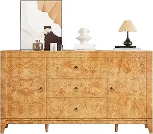 High Gloss Sideboard Buffet Burl Wood 60'' Cabinet Buffet Table with 3 Drawers & 2 Closed Storage... | Amazon (US)