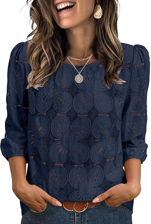 Sampeel Women Blouses Dressy Casual 3/4 Length Sleeve Tops Eyelet Lace Spring Summer Shirts Beach... | Amazon (US)