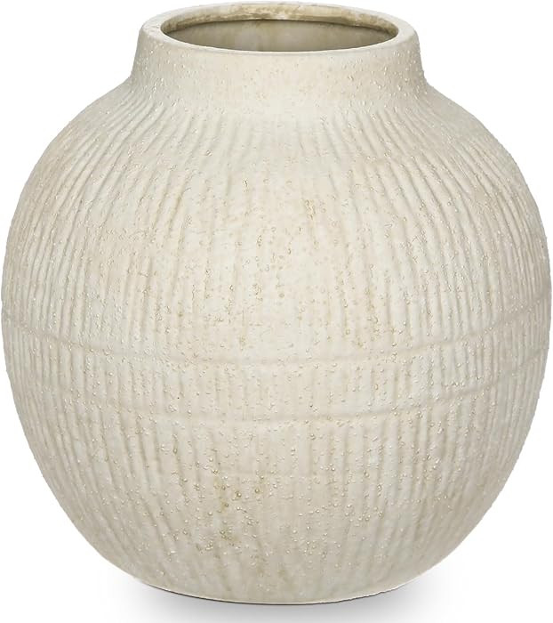 7" Short Round Clay Vase with Vertical Engravings Texture, Sand-Grain Tactile, Wide Ceramic Vase ... | Amazon (US)