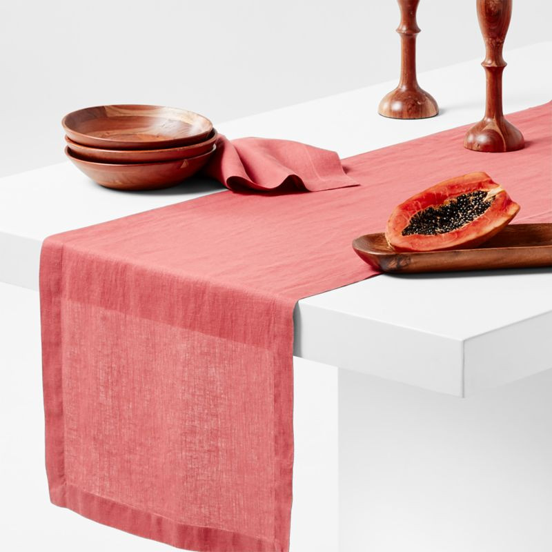 Marin 120" Sienna Pink European Flax -Certified Linen Table Runner + Reviews | Crate & Barrel | Crate & Barrel