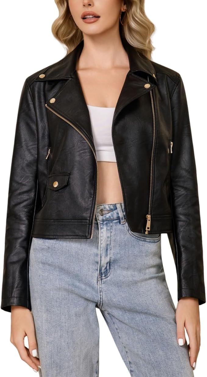 Faux Leather Jacket For Women PU Cropped Moto Biker Coat Zip Up Slim Motorcycle Jacket | Amazon (US)