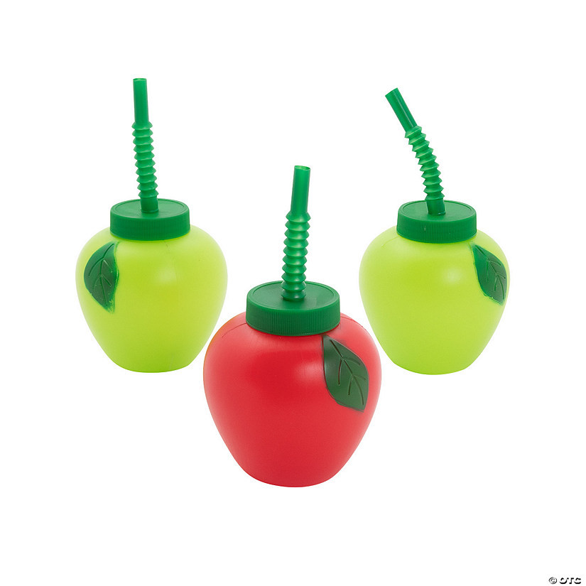 14 oz. Apple-Shaped Green & Red Reusable BPA-Free Plastic Cups with Lids & Straws- 12 Ct. | Oriental Trading Company