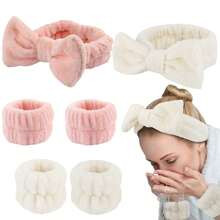 Pcs Fluffy Hairband Wristband Set Solid Color Elastic Absorbent Bow Decor Headband Wristband For Washing Face Makeup | SHEIN