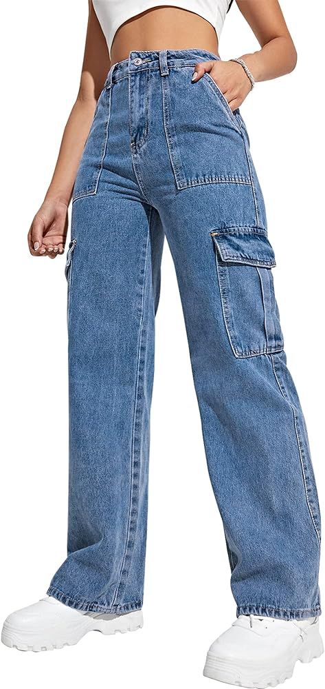 Women's Cargo Pants High Waisted Baggy Cargo Jeans Straight Leg Y2K Streetwear Trousers 6 Pockets... | Amazon (US)
