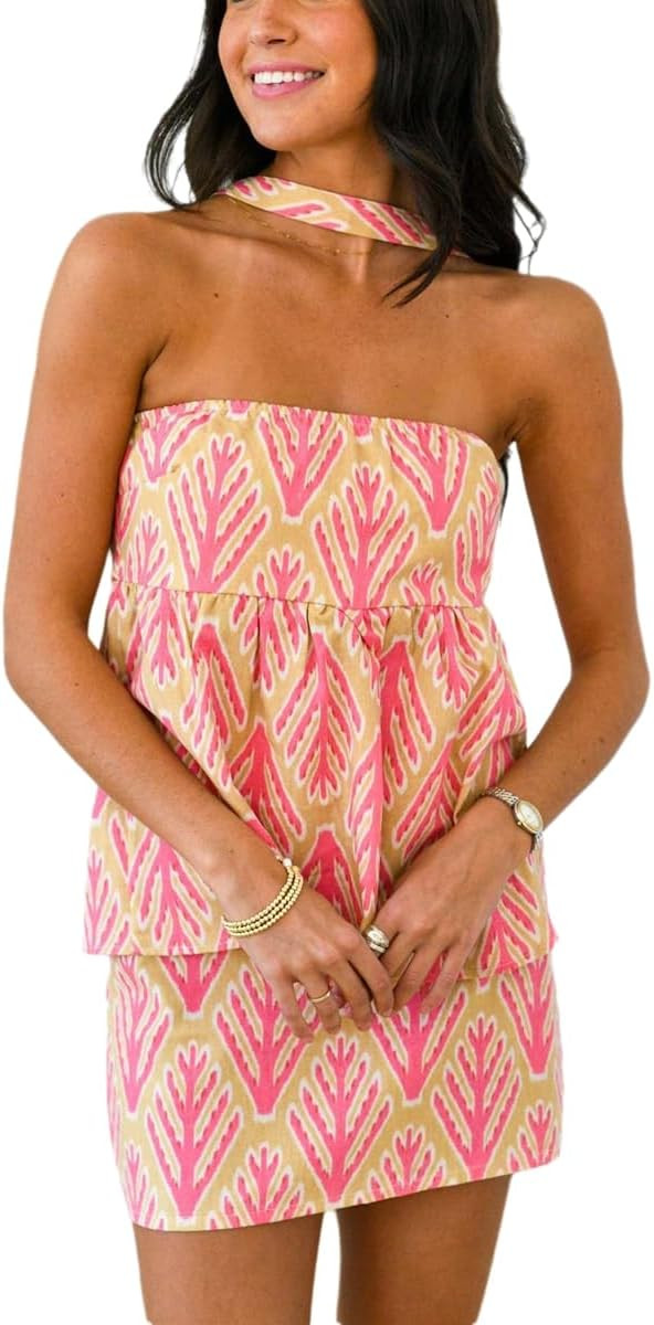 Wuitrie Women Two Piece Mini Skirt Set with Scarf Cute Floral Tube Crop Tops High Waisted Mini Sk... | Amazon (US)