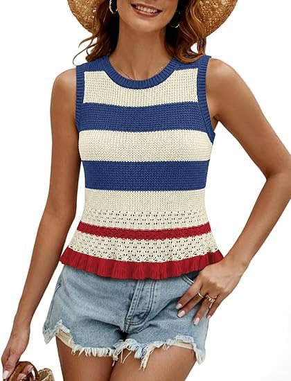 VIMPUNEC Womens Crochet Crop Tank Tops Sleeveless Knit Sweater Vest Ruffle Hem Summer Top | Amazon (US)