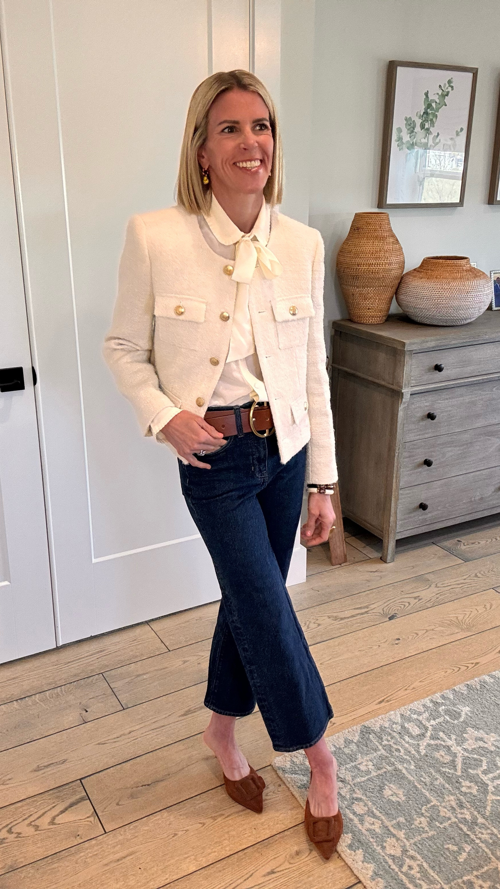 Elevate a great pair of jeans for work with feline details and fun accessories!  This is my go-to look for an elevated outfit for work 🫶🏻🙌🏻

#LTKOver40 #LTKWorkwear #LTKStyleTip