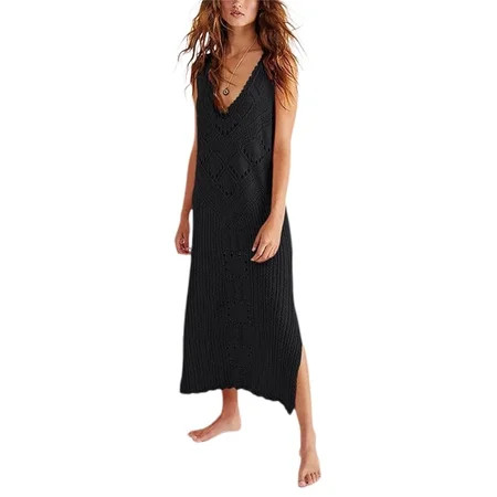 Women Sexy Beach Dress Crochet Hollow Out Swimsuit Cover Up Dress V Neck Sleeveless Bikini Cover-ups | Walmart (US)