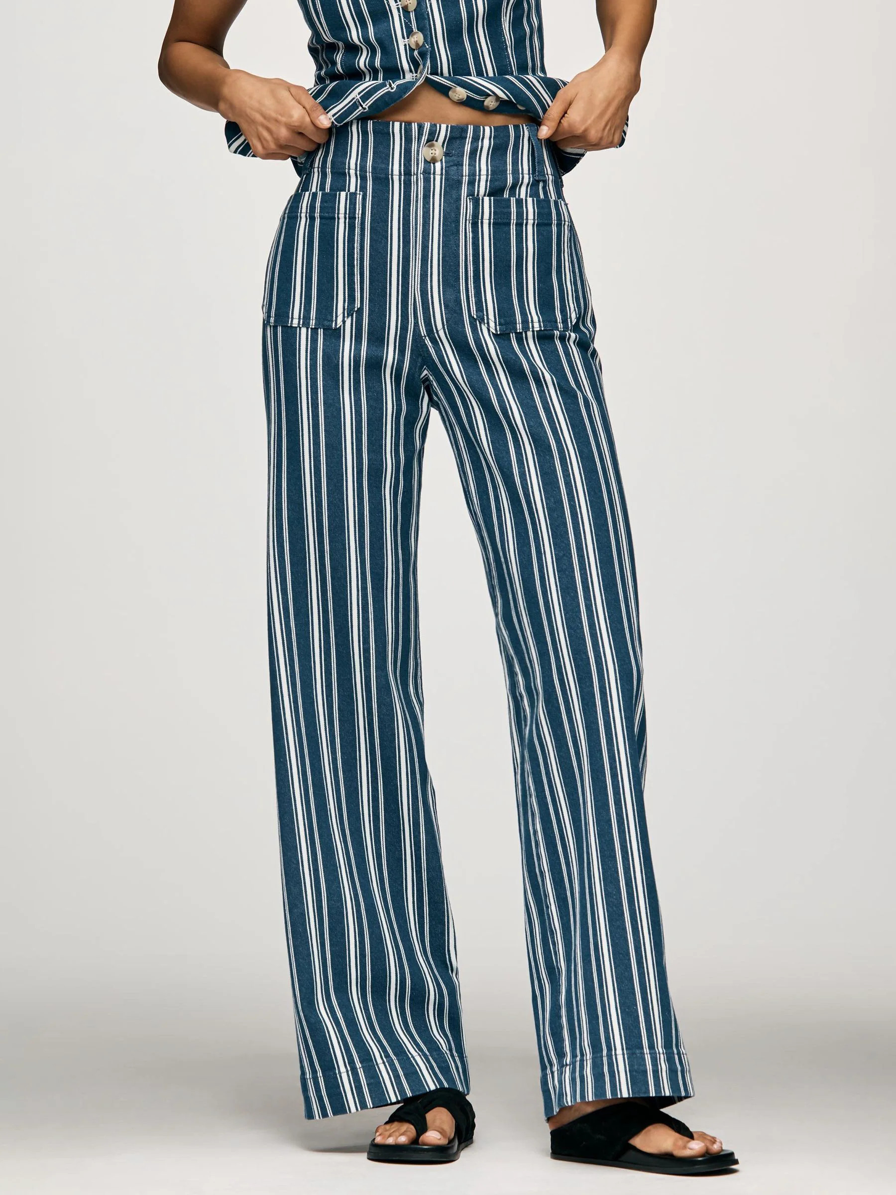 Anthropologie Anthropologie Blue Maeve The Colette High Waisted Striped Full Length Wide-Leg Trousers | Next US