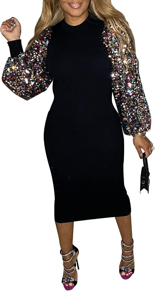 Remelon Womens Sexy Sequin Metallic Deep V Neck Long Sleeve Bodycon Ruched Party Cocktail Midi Long  | Amazon (US)
