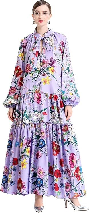 LAI MENG FIVE CATS Women's Tie Neck Floral Print Lantern Sleeves Button Loose Fit Tiered Flowy Ma... | Amazon (US)