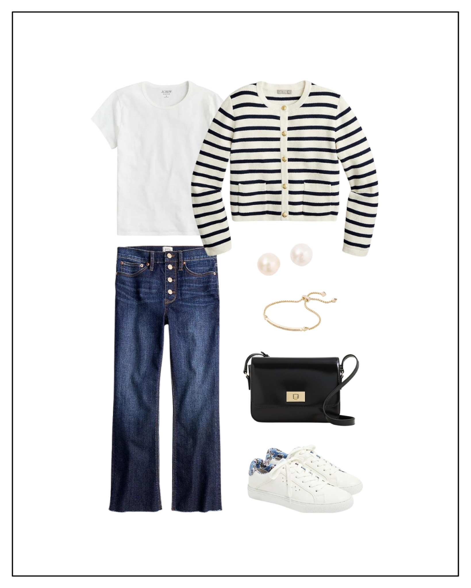 Spring Outfit Ideas:

This striped cardigan is a gorgeous new arrival at J.Crew. I love the patch pockets and gold button details. It would look gorgeous worn alone or layered with a white t-shirt, another great spring basic. Style it with demi-boot jeans and white leather sneakers, and accessorize with a black leather crossbody bag, pearl earrings, and a gold bracelet to pull everything together.

#LTKunder100 #LTKSeasonal #LTKstyletip
