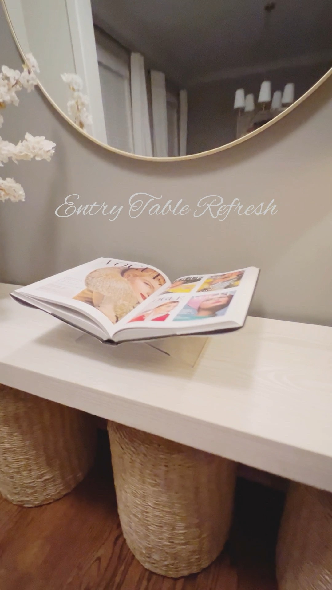 Our entry table got an update to simplify and spring-ify the space! 
The West Elm bridge table is a gorgeous simple statement with faux blooms from Amazon and a fun lamp! 

#LTKhome #LTKVideo