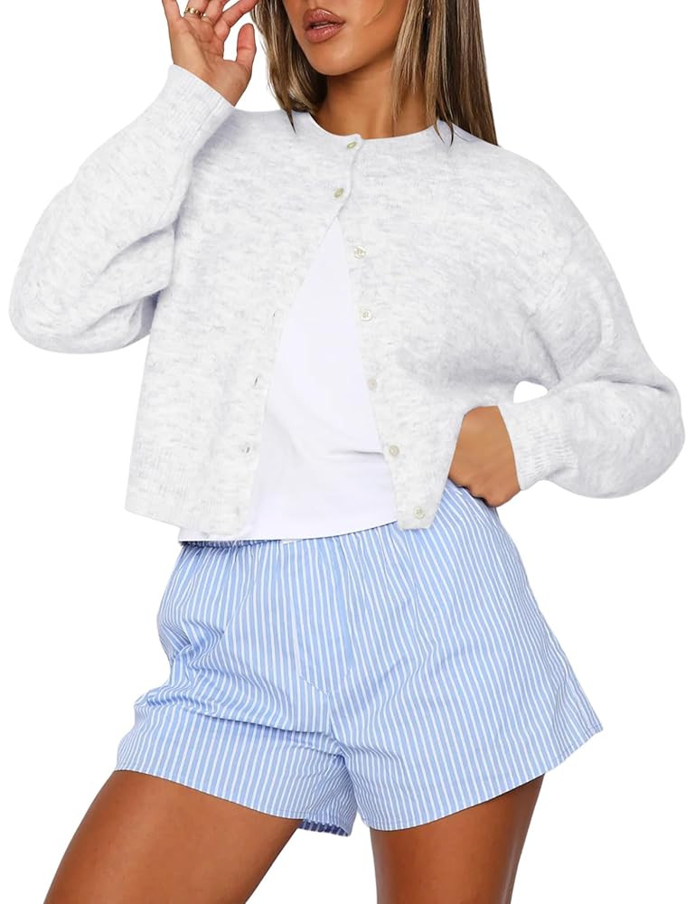 Kistore Womens Cropped Cardigan Sweaters Crew Neck Long Sleeve Button Up Sweaters Lightweight Kni... | Amazon (US)