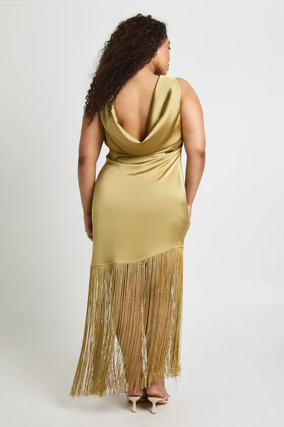 Olive Plus Cowl Back Satin Tassel Dress | Boohoo USA | boohoo (US & Canada)