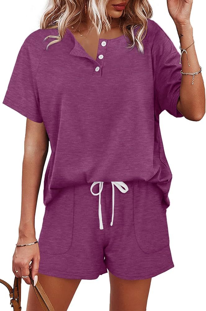 WIHOLL Two Piece Outfits for Women Lounge Sets Button Down Top and Shorts Set Sweatsuits with Pocket | Amazon (US)