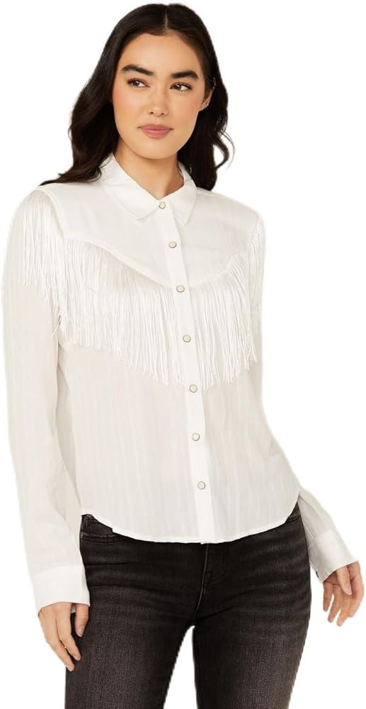 Women's Fringe Long Sleeve Snap Western Shirt White X-Small US | Amazon (US)