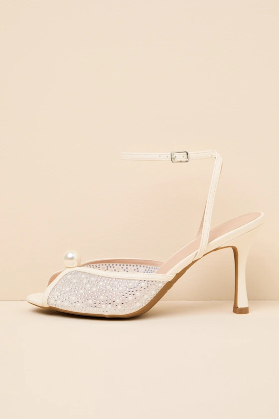Pixie Ivory Rhinestone Ankle Strap Peep-Toe Heels | Lulus