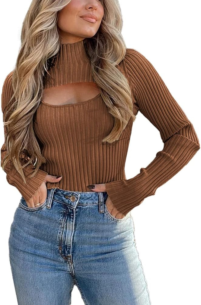 PRETTYGARDEN Women's 2 Piece Cutout Tops Long Sleeve Mock Neck Rib Knit Fitted Pullover Sweater | Amazon (US)