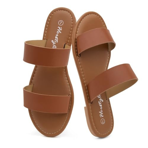 Herstyle Flat Sandals for Women – Slip-On Two Strap Slides with Cushioned Footbed | Comfortable Open Toe Dressy Casual Summer Sandals for Daily Wear, Trendy 2025, Tan, Size 8.0, Miraa | Amazon (US)