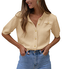 PRETTYGARDEN Women's Summer Button Down Shirts Casual Short Sleeve Crew Neck Ribbed Knit Blouse T... | Amazon (US)