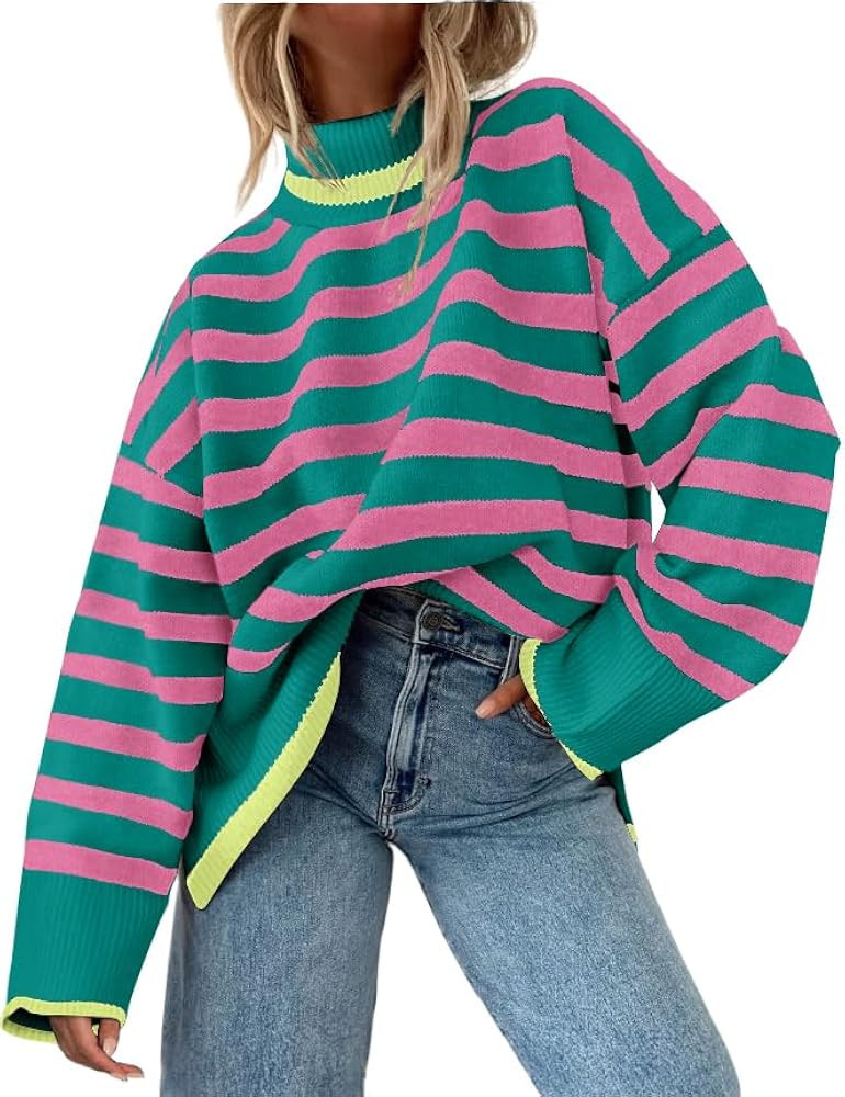 Fall Sweaters for Women Pullover Long Sleeve Turtleneck Striped Knit Tops Loose Casaul | Amazon (US)