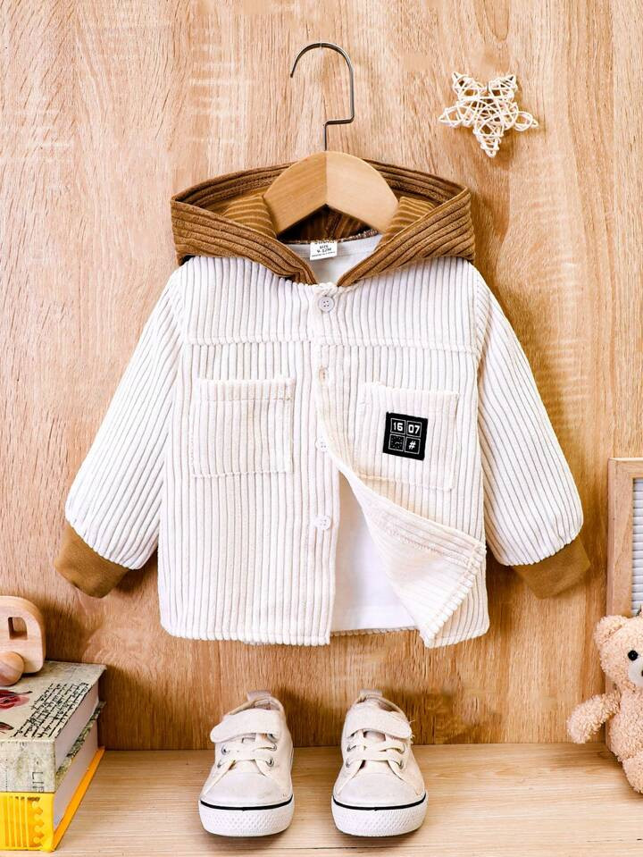 Baby Boy Letter Patched Detail Dual Pocket Hooded Corduroy Coat | SHEIN