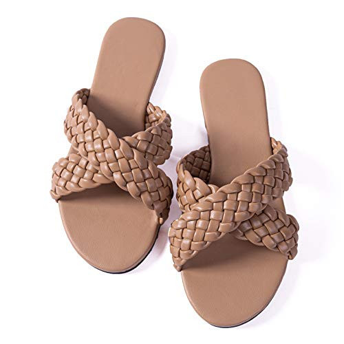 Mtzyoa Women's Braided Slide Flat Sandals Nude Comfortable Cute Summer Casual Everyday size 7.5 | Amazon (US)