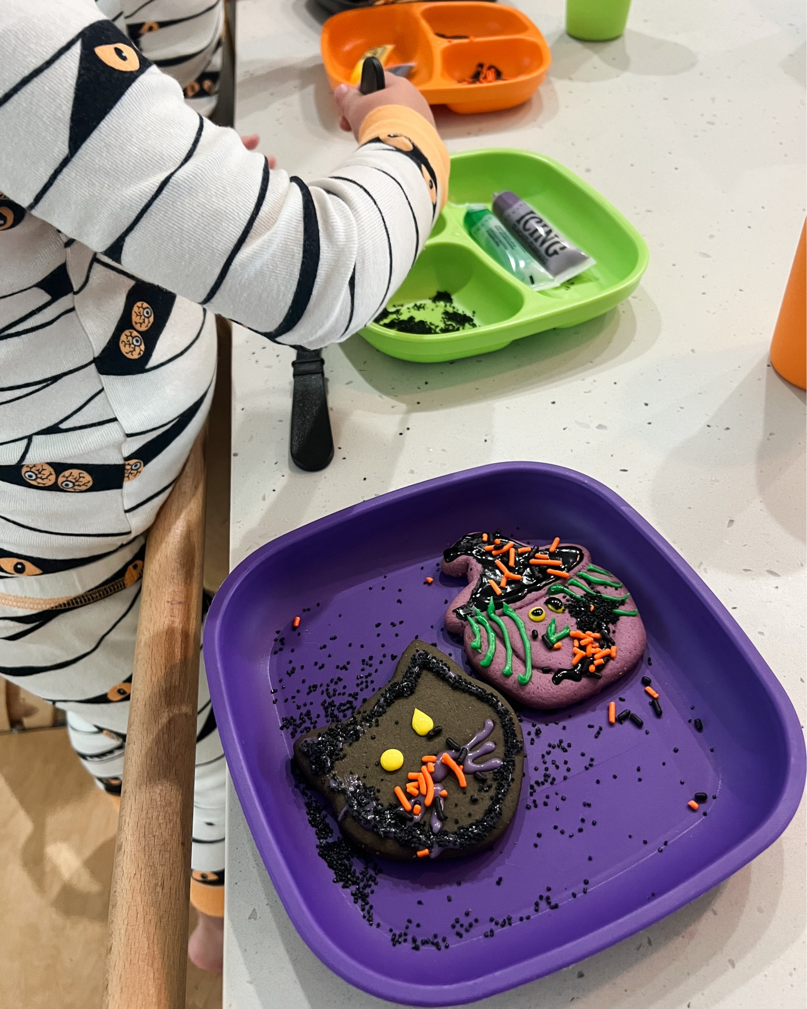 Making some Halloween cookies using our favorite Re-Play plates & utensils! How cute are these colors for Halloween!? 🎃 We love Re-play products because they are manufactured in the USA from recycled food safe plastic! How cool is that?  #ad #replaypartner #replayrecycled 

#LTKHome #LTKHalloween #LTKKids