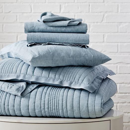 Belgian Flax Linen Linework Quilt Starter Bedding Set - Washed Blue Gemstone | West Elm (US)