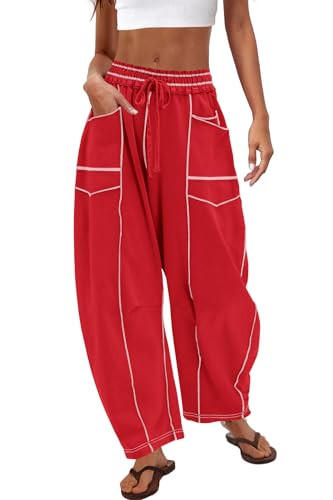 Nirovien Wide Leg Barrel Lounge Pants Women Baggy Barrel Pants Women Baggy Sweatpants Wide Leg Sweats(Red,XS) | Amazon (US)