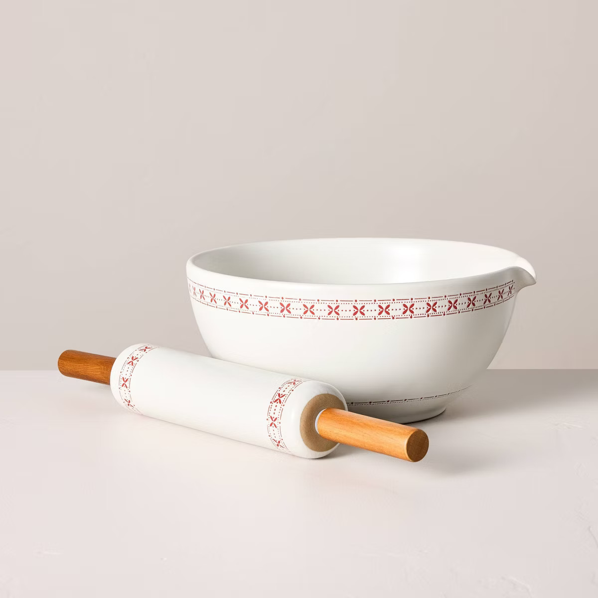 2pc Stoneware Mixing Bowl and Rolling Pin Bakeware Set Cream/Red - Hearth & Hand™ with Magnolia | Target