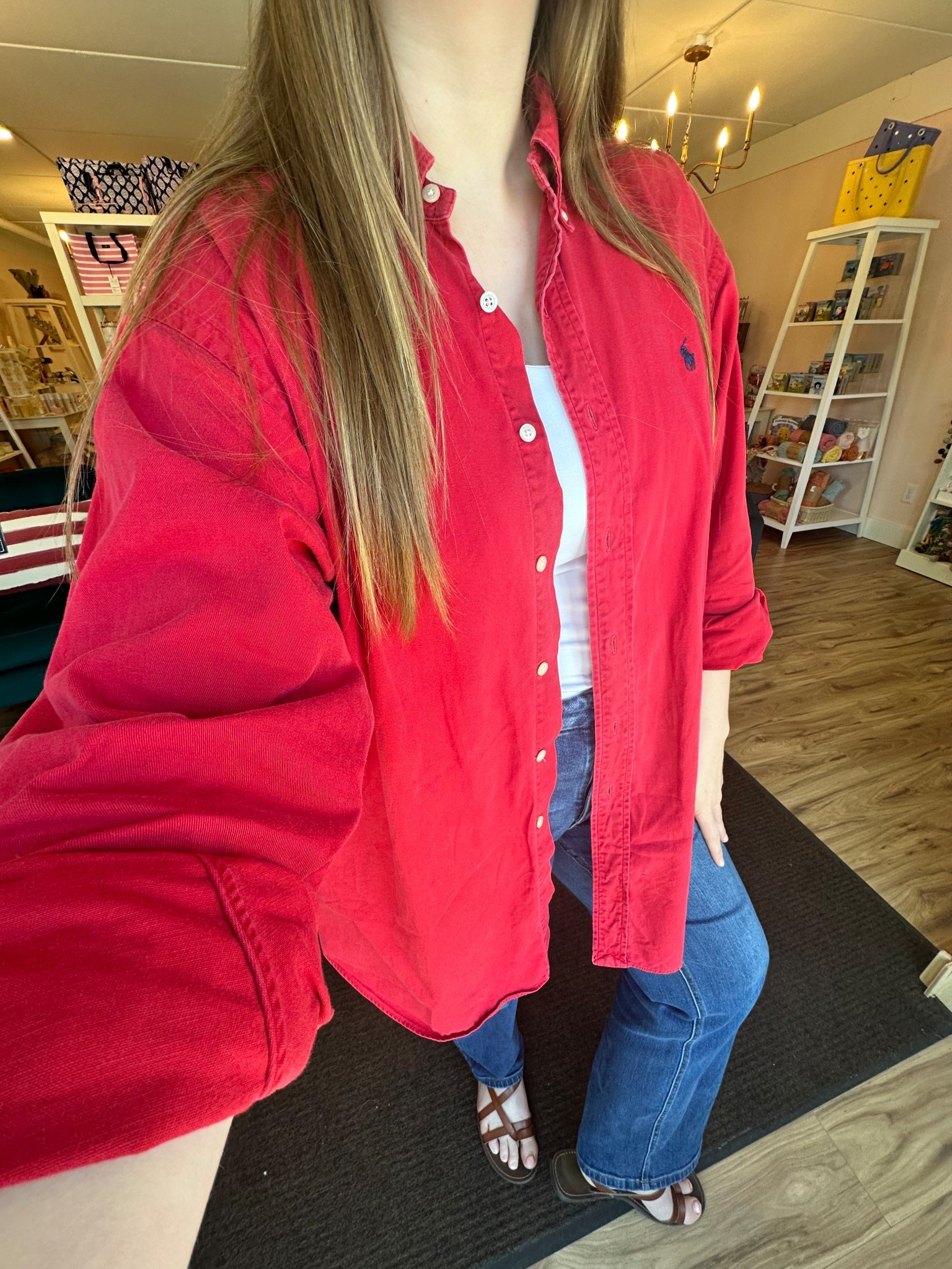 Pop of red! ♥️

Button up is cotton Ralph Lauren thrifted. I linked similar from H&M! 
I am 5’8” wearing size 32 jeanss