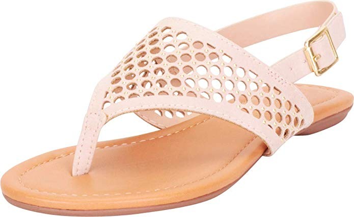 Cambridge Select Women's Thong Toe Caged Laser Cutout Lattice Studded Slingback Flat Sandal | Amazon (US)