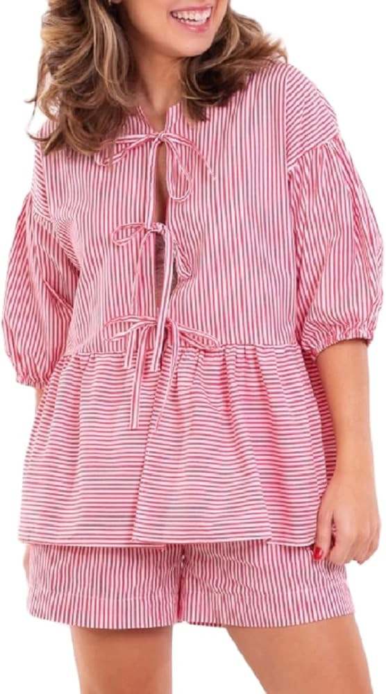 Juakoso Women Cute Plaid Pajama Set Puff Short Sleeve Tie Front Babydoll Blouse Tops Ruffle Hem S... | Amazon (US)