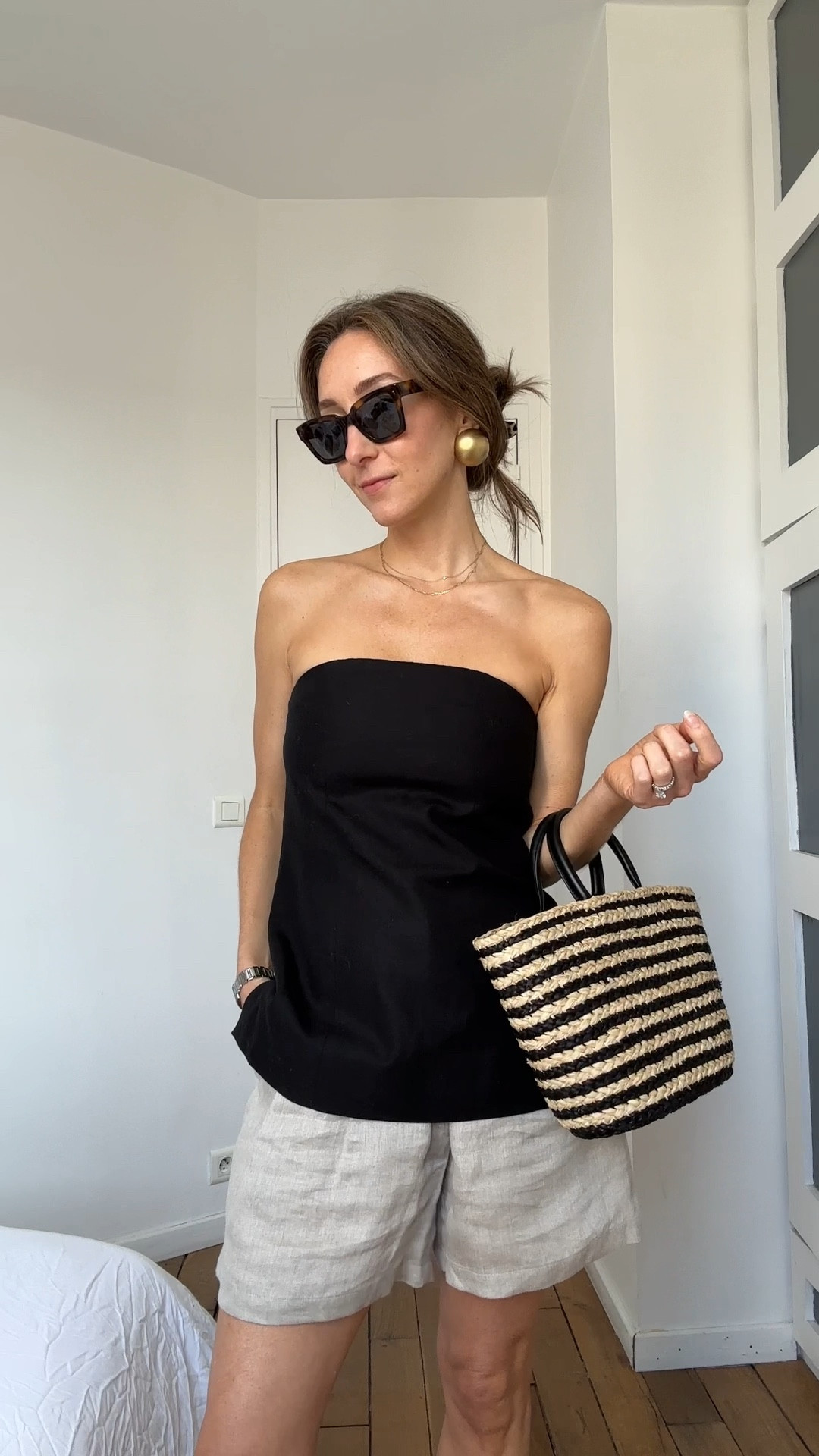 Shorts are super old Asceno (called the Madrid pleated short), but the Reformation pair linked are the next best option imo. 