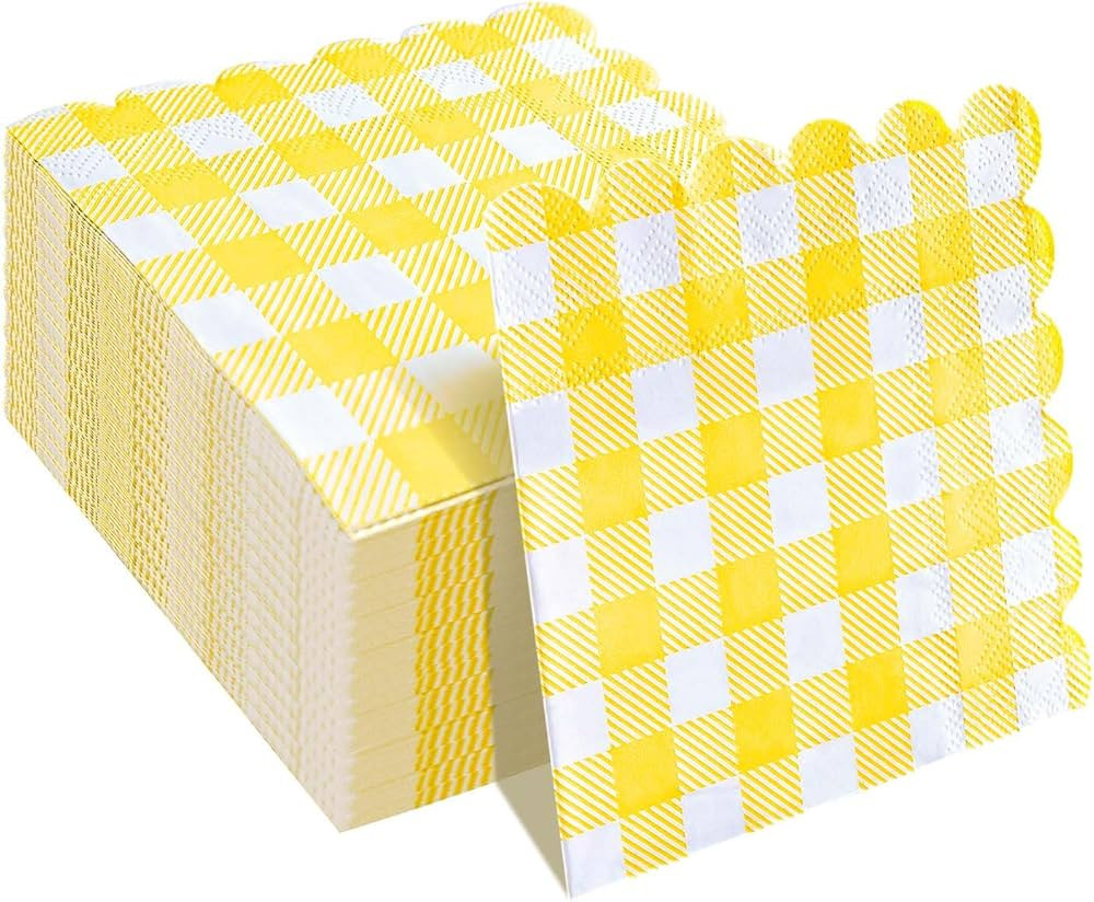 100 Pieces Yellow Checkered Scalloped Napkins Folded 5 x 5 inch Disposable Cocktail Napkins Paper... | Amazon (US)