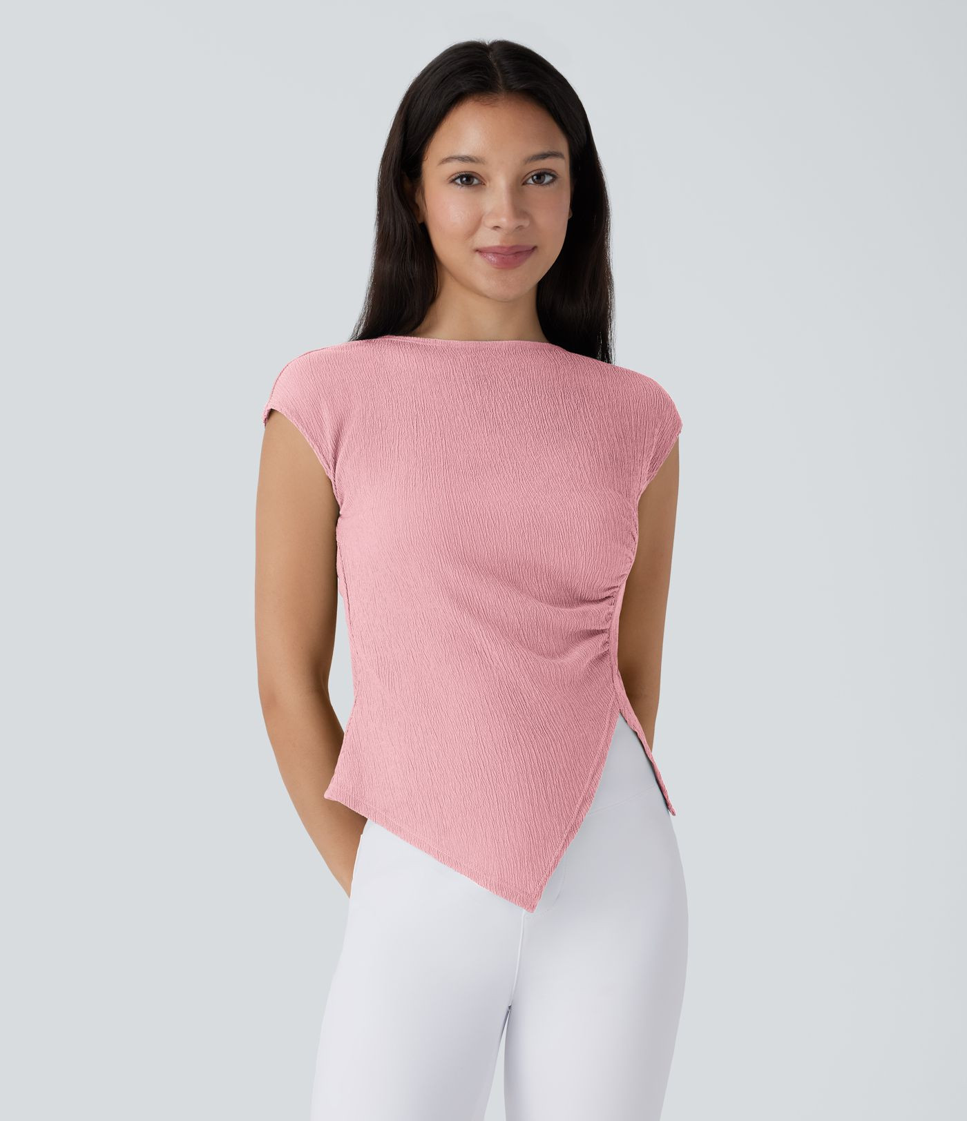 Women’s Slash Neck Short Sleeve Ruched Split Asymmetric Hem Casual Top - Halara | Halara UK