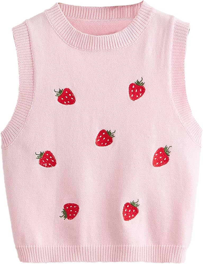 Floerns Women's Sleeveless Round Neck Cute Strawberry Sweater Vest Crop Shirt Top | Amazon (US)